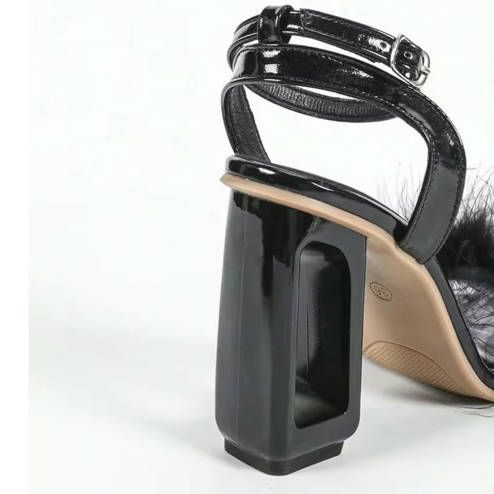 Black Feather Ankle Strap Sandals Cut Out Block Heel Square Toe Sz 11.5 EUR 44